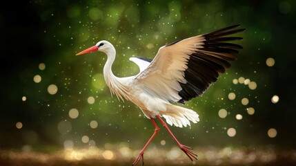 Fototapeta premium Elegant Stork Spreading Wings Against a Soft Glowing Background