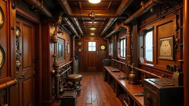 Interior of a steampunk style ship cabin with clocks pipes and wooden details in warm lighting