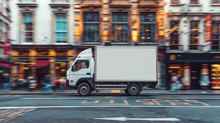 Naklejka premium A truck driving down a city street with a clean white mockup on the side, ready for advertising. This vehicle represents the transportation and loading and unloading of commercial business.