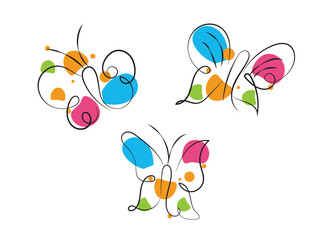 Three Abstract Butterflies Colorful Line Art Design for Spring Summer