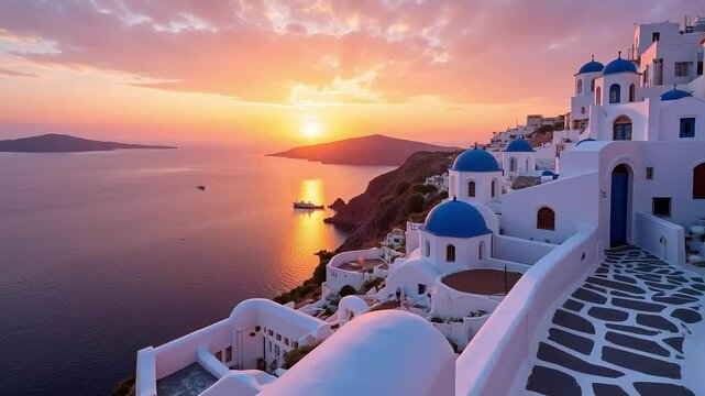Santorini island view featuring white buildings with blue domes during a vibrant sunset over the aegean sea