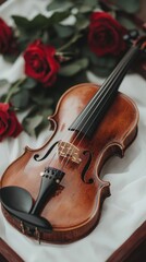 Fototapeta premium An antique classical wooden violin rests elegantly draped on soft white fabric, surrounded by lush vibrant red roses creating a romantic scene.