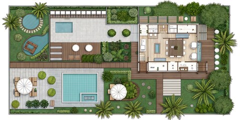 Detailed residential landscape plan showcases pools, lush greenery, patios, and the home's floor plan