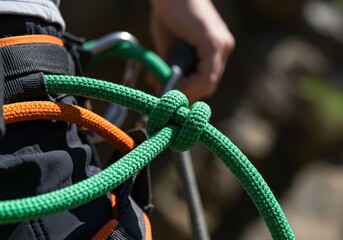 Closeup of a vibrant green nylon rope, intricately knotted, secured to a harness. Outdoor adventure gear detail.