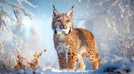 Obraz premium Majestic Lynx Standing in Winter Wonderland with Snowy Background
