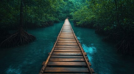 Obraz premium Tranquil wooden walkway through lush mangrove forest