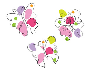 Three Abstract Butterflies Line Art Design Colorful Pink Purple Green