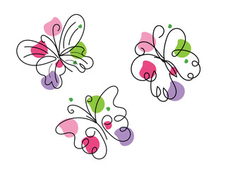 Three Abstract Butterflies with Pink Green Purple Spots Line Art Illustration