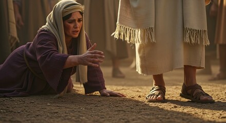 Woman’s Hand Touching the Hem of Jesus' Robe – Biblical Scene in Ultra Realism