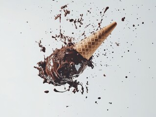 Chocolate ice cream cone falling with splash in studio shot against white background delicious dessert concept