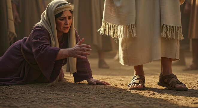Woman’s Hand Touching the Hem of Jesus' Robe – Biblical Scene in Ultra Realism