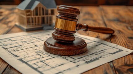 Judgement Wooden gavel rests on architectural plans beside house model atop a wood table