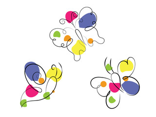 Three Abstract Butterflies Line Art Design Colorful Shapes White Background