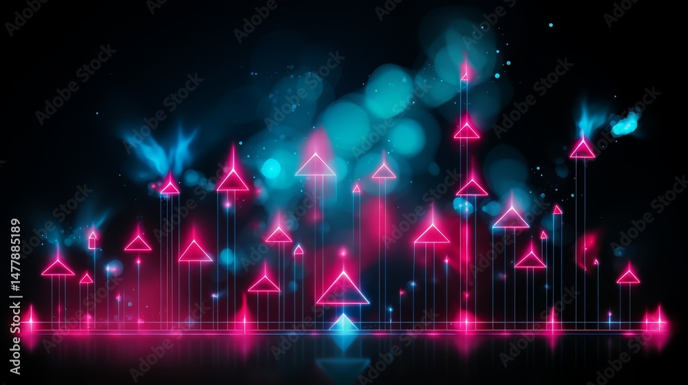 Poster colorful image of a city skyline with many tall buildings and a lot of pink and blue. the image has 