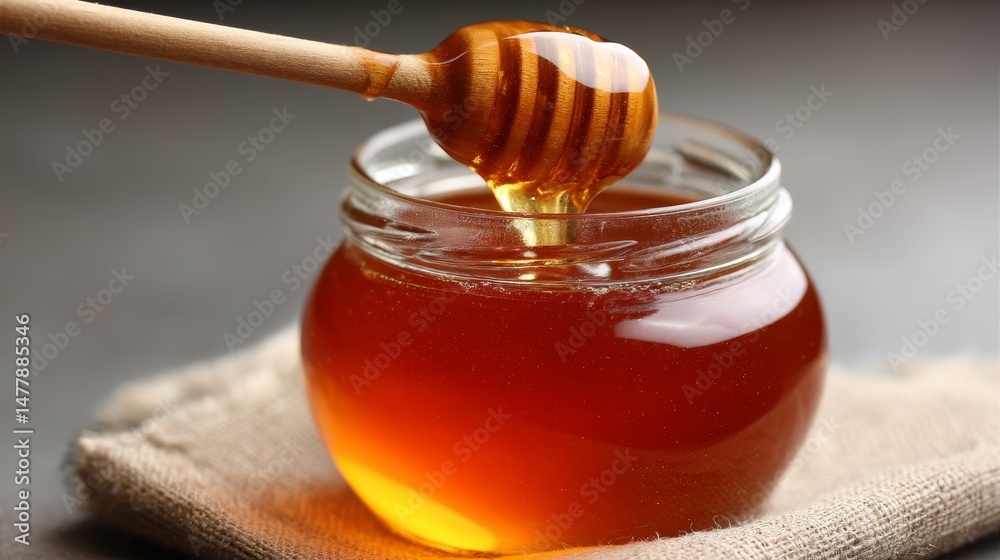 Poster honey slowly drips from a wooden dipper into a glass jar, highlighting its viscous texture and glow,