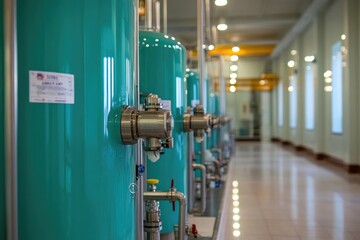 Industrial processing system teal tanks and piping in brightly lit facility
