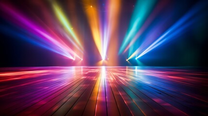 Colorful light show with a wooden floor. The lights are bright and colorful, creating a vibrant and energetic atmosphere. The scene is likely set in a dance studio or a concert venue