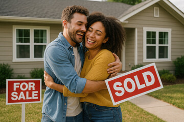 A couple busy at selling their home. cocept of purchasing a property, house by a happy family. Happy couple celebrating home purchase in front of new house, sould out property.
