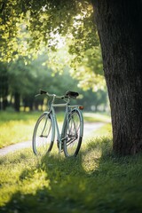 Obraz premium Bicycle Leaning Against Tree in Park