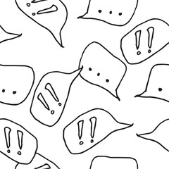 Seamless pattern with doodle-style speech bubbles. Black and white graphics with dots and exclamation marks make the design versatile for posters, packaging, notebooks, web design, and textiles.