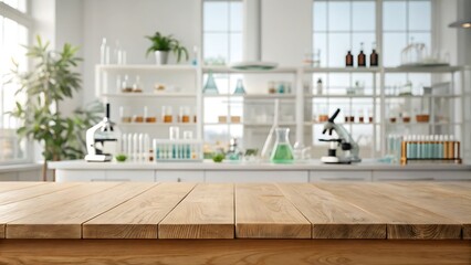 Focus on wooden table with laboratory glassware and microscope softly blurred background