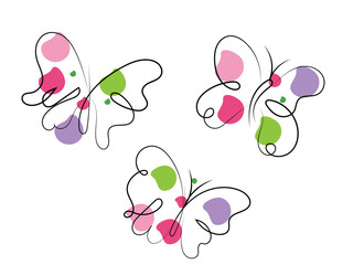 Three Abstract Butterflies with Pink Green and Purple Spots Line Art Illustration