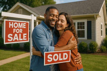A couple busy at selling their home. cocept of purchasing a property, house by a happy family. Happy couple celebrating home purchase in front of new house, sould out property.
