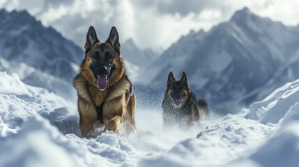 Naklejka premium Two dogs running through snowy mountains.