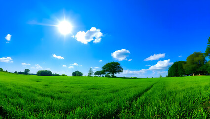 Obraz premium green field and blue sky with clouds