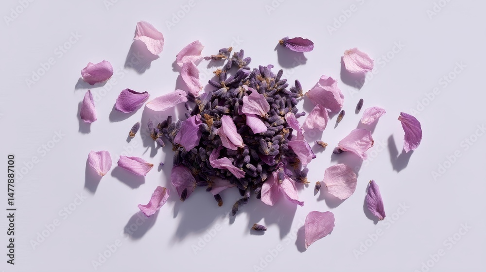 Poster fresh lavender is arranged thoughtfully with scattered petals on a clean white background, casting s