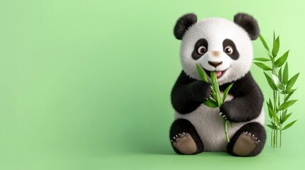 Naklejka premium Cute Panda Bear Sitting and Eating Bamboo Against a Soft Green Background