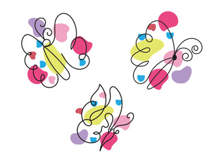 Three Abstract Butterflies in One Line Art Style with Colorful Shapes
