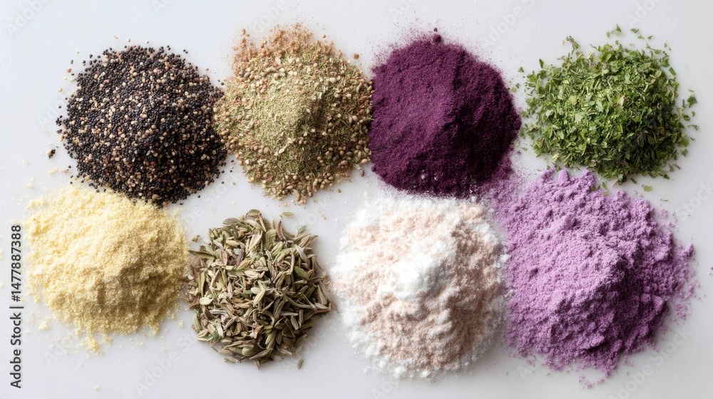 Aufkleber Variety of spices and herbs create distinct textures and colors, arranged in small piles on a clean white surface, illuminated by soft diffused light