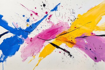 Vibrant Abstract Splash Art with Blue Yellow and Pink Paint on White Wood