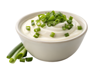 Sour cream with chives in bowl isolated on white background