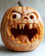 Carved pumpkin with an angry expression