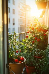 Balcony Garden with Tomato Plants in Pots at Sunset Urban Gardening Concept Close Up View from Window
