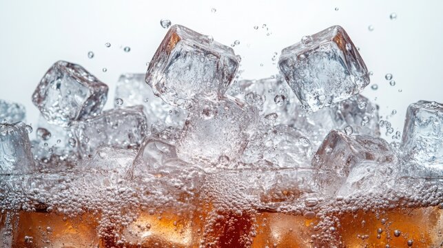 Refreshing Cola Drink with Ice Cubes Splashing Close up Photography