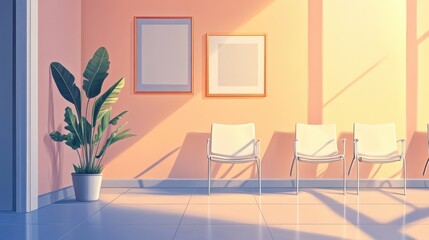 Empty modern hospital corridor, clinic hallway interior background with white chairs for patients waiting for doctor visit. Contemporary waiting room in medical office. Healthcare services concept il