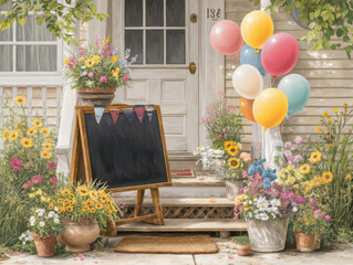 Colorful spring celebration at a charming home entrance with flowers and festive balloons