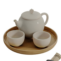 A white tea set with a teapot and three cups