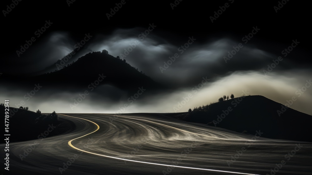 Poster dark, cloudy sky with a winding road in the foreground. the road is empty and the sky is filled with