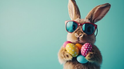 An easter bunny rabbit wearing sunnies, shades, sunglasses holding colourful easter eggs against a turquoise isolated background with room for text.