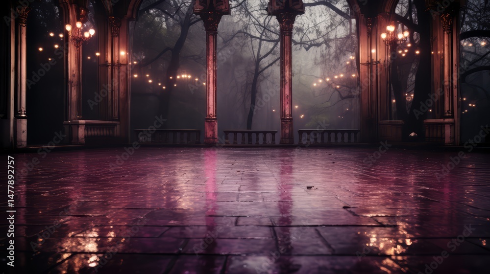 Poster dark, mysterious scene with a large, empty room with a red floor. the room is lit by a series of lig