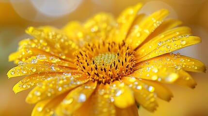 Close-up of a vibrant yellow flower, glistening with dew drops