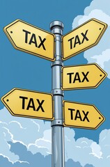 Fototapeta premium Tax complexity: signpost with many arrows all pointing to tax