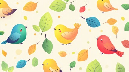 Colorful birds and autumn leaves