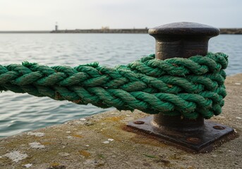 Fototapeta premium Thick green nylon mooring line secured tightly around a weathered bollard at a harbor. Calm waters, distant shore.