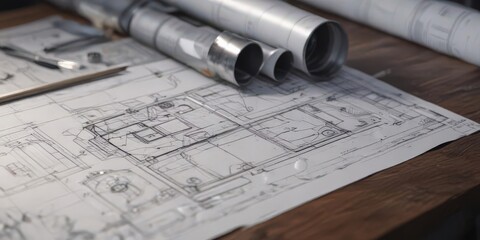 Close-up of blueprints & metal samples on a desk, engineering, quality, factory