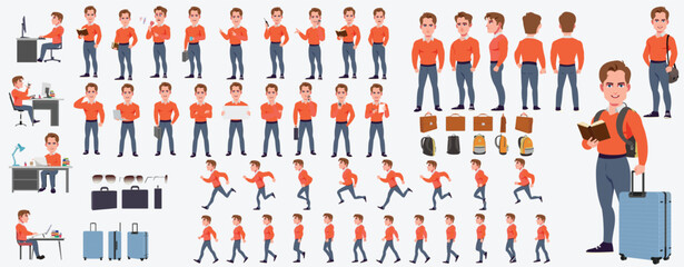 Man Character design. Front, side, back view and explainer animation poses. Character set with lip sync and facial expressions of Happy, angry, sad, Joy with Side walk cycle animation sequence sprite 